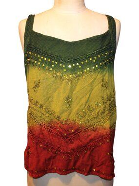 India Boutique Ombre Embroidered Sequin Tank Top L XL Green Red Boho Tie Back